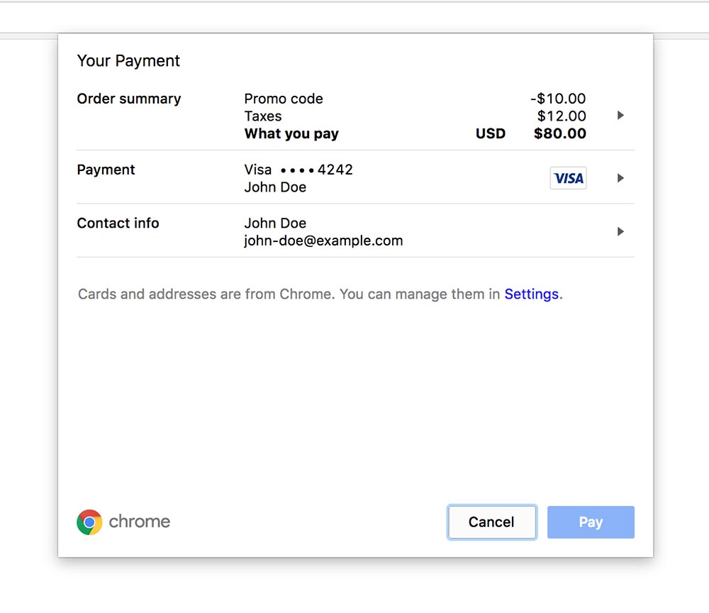 The payment UI in Chrome 60