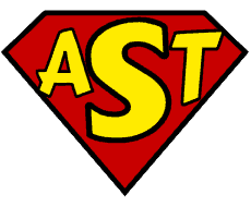 Logo declaring AST in a design that resembles a comic book superhero.