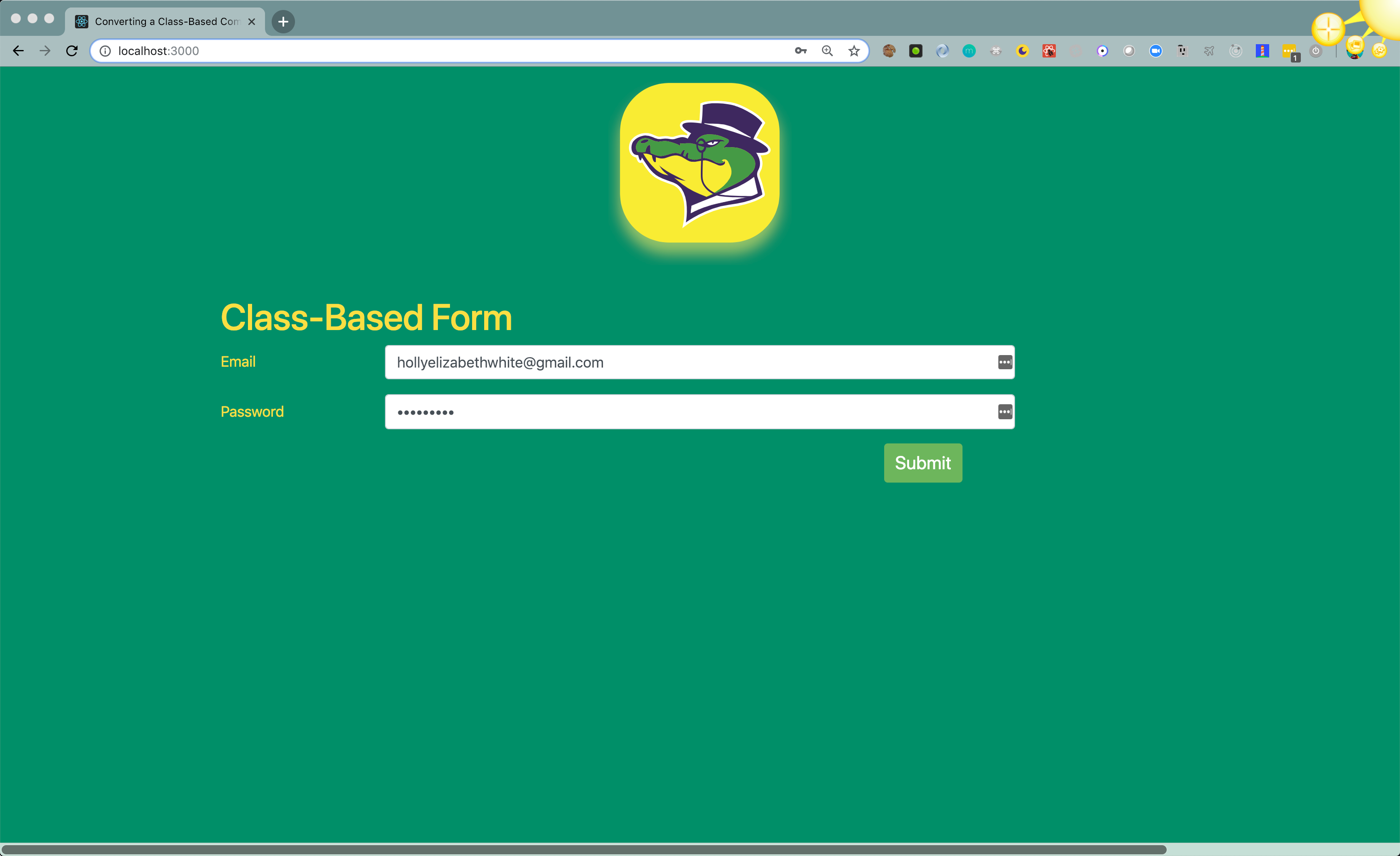 Screenshot of the application running in a browser with the class-based component.