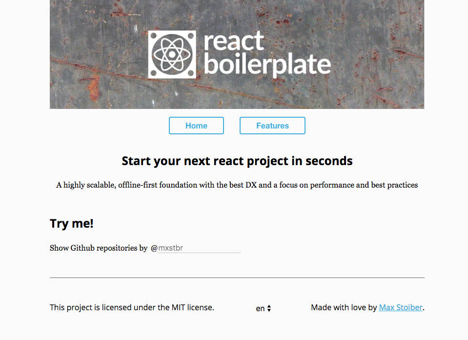 The react boilerplate default view