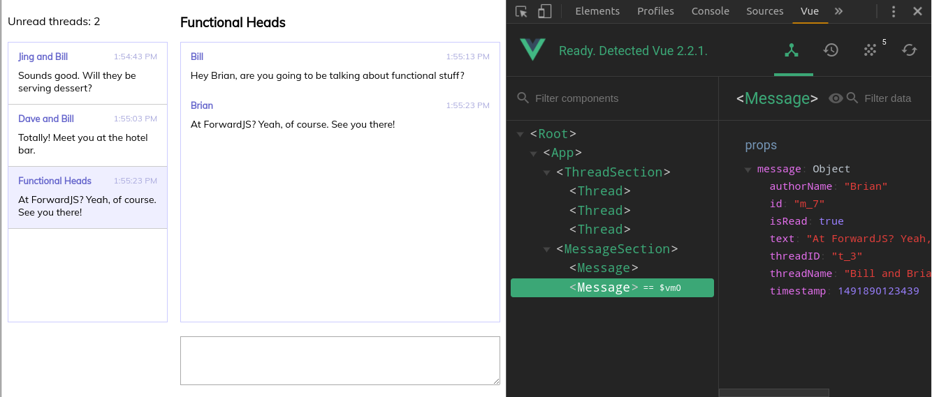 Vue.js Devtools: Component tree pane.