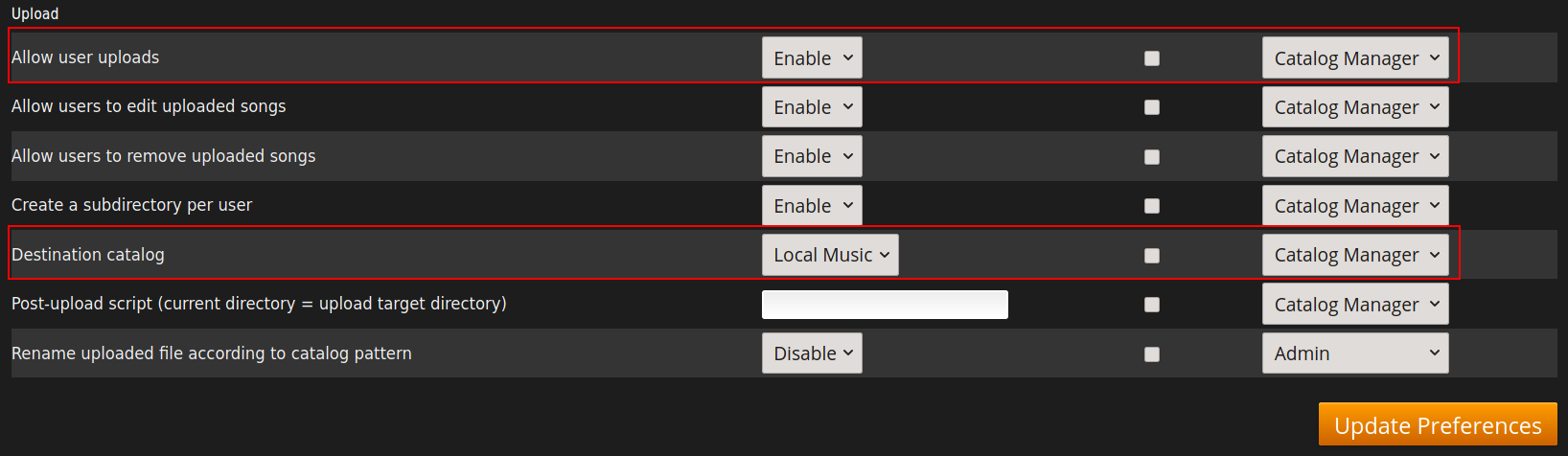 Image showing the allow upload and destination catalog lines