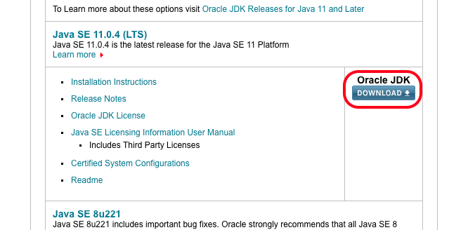 a screenshot showing the location of the Oracle JDK download button