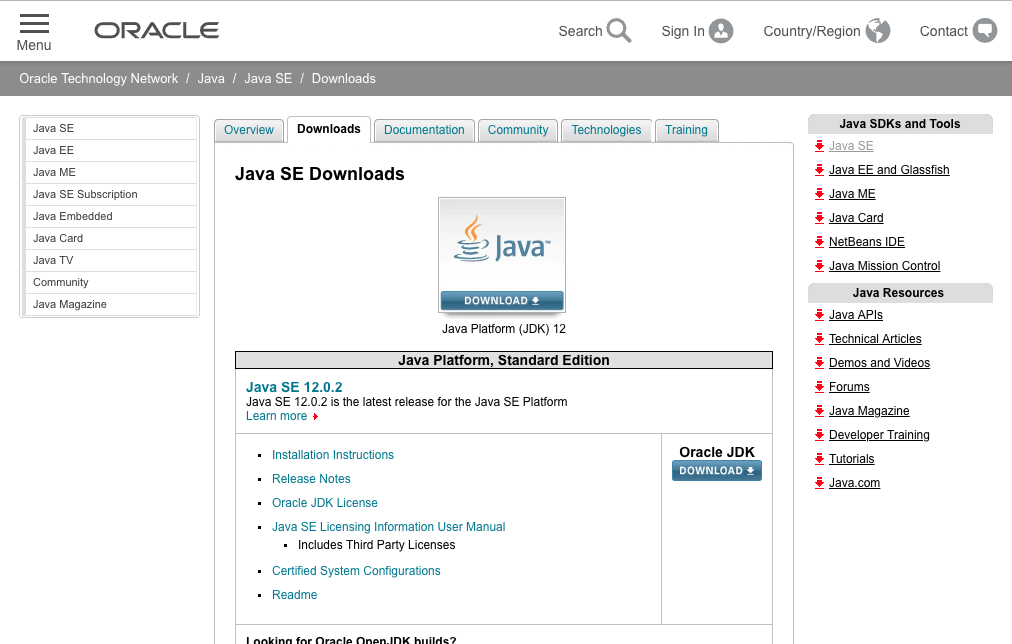 the Oracle Java downloads webpage