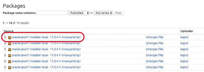a screenshot of the linuxuprising java installer package list
