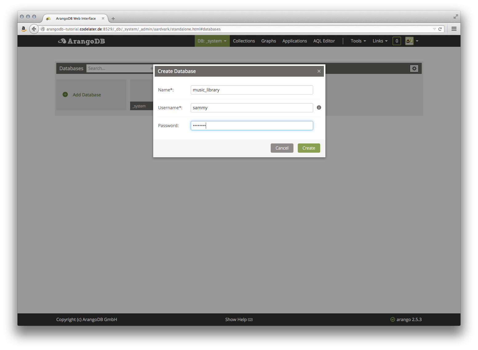 Create a new DB in the web interface