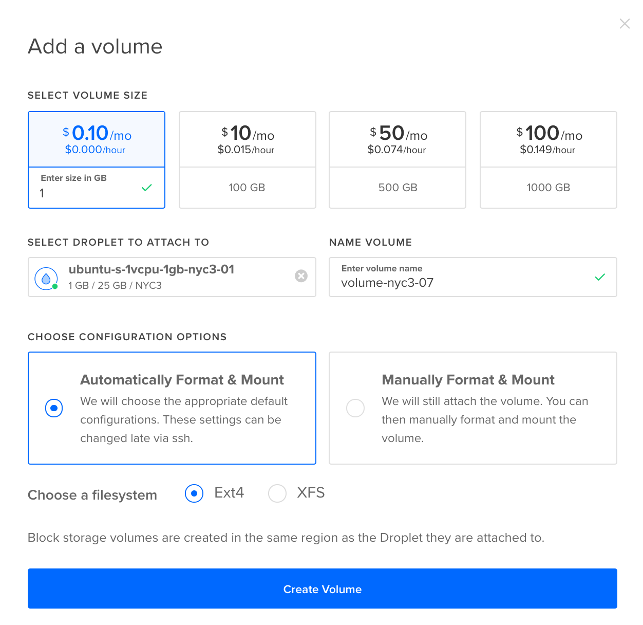 DigitalOcean Control Panel view of setting up volumes