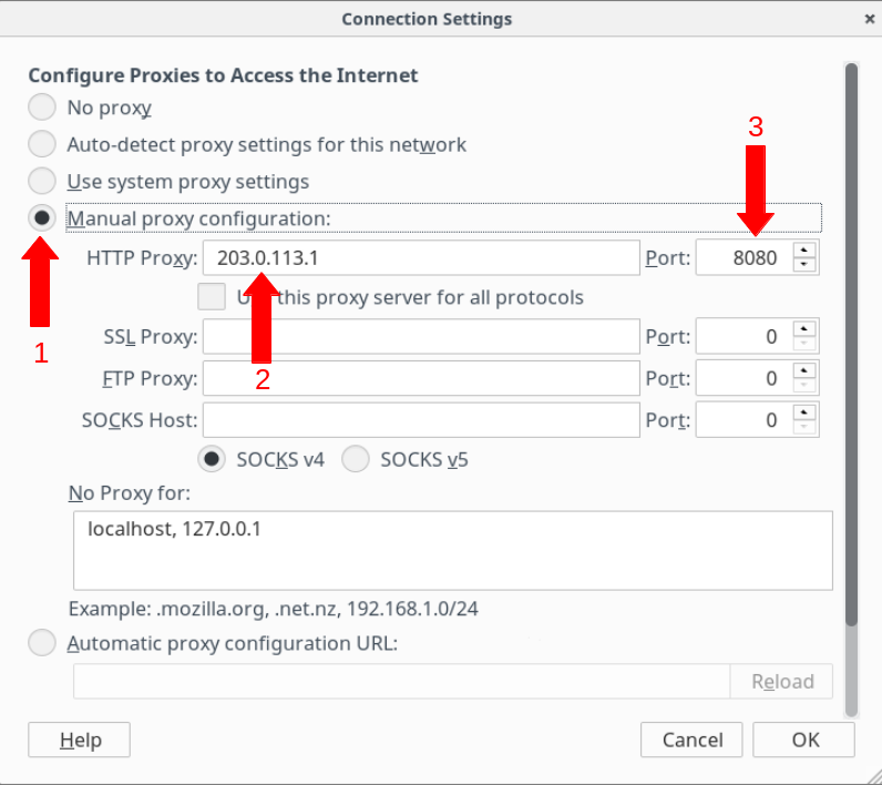 Image showing Firefox's connection settings panel with populated fields