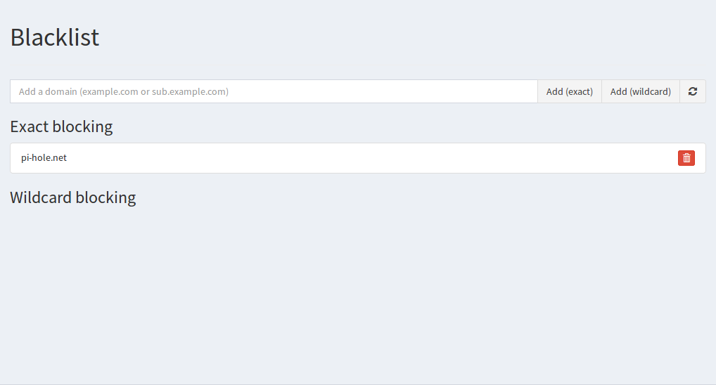 Web Interface Blacklisting pi-hole.net