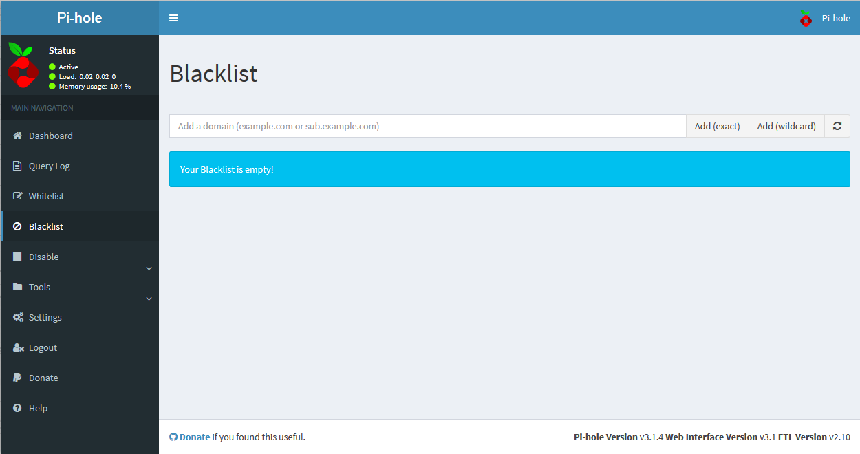 Web Interface Blacklist Screen
