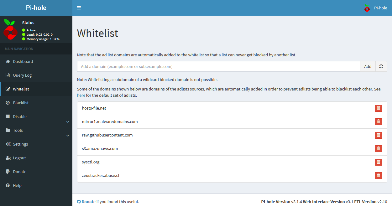 Web interface Default Whitelist Screen