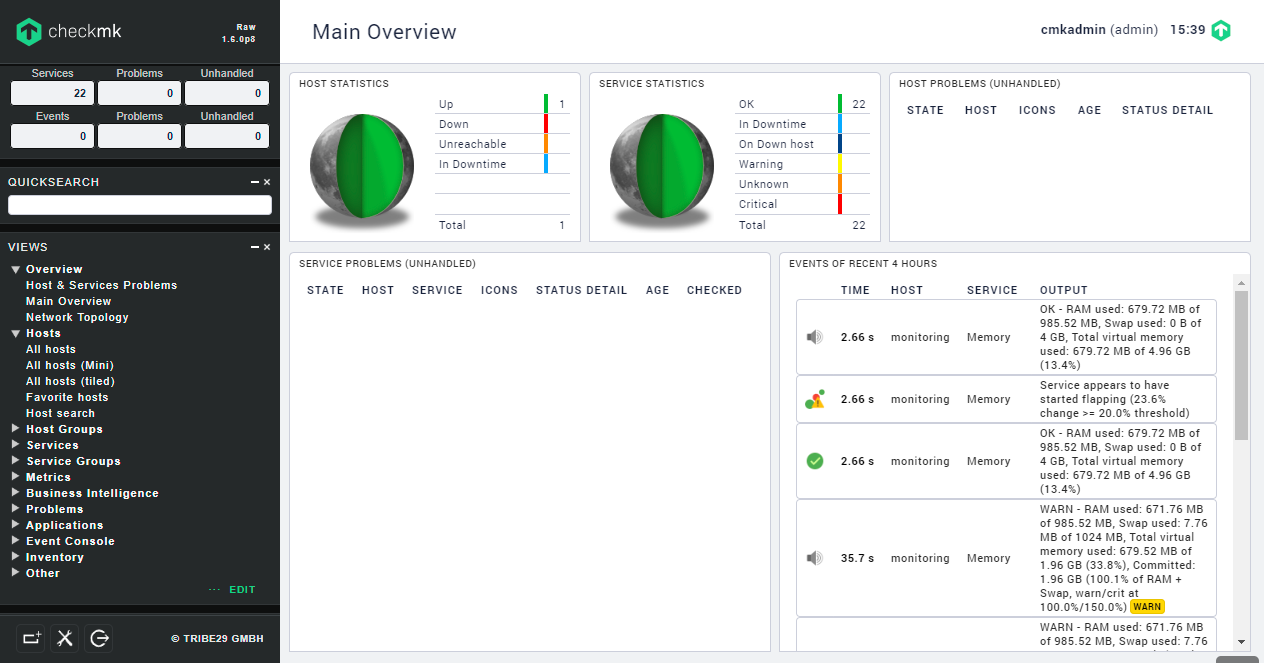 Dashboard with one host recovered after problems