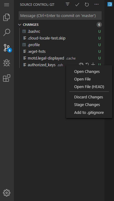 Git pane with context-menu open