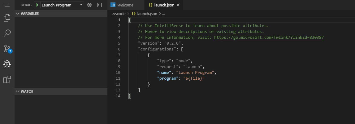 Debugger View with launch.json open