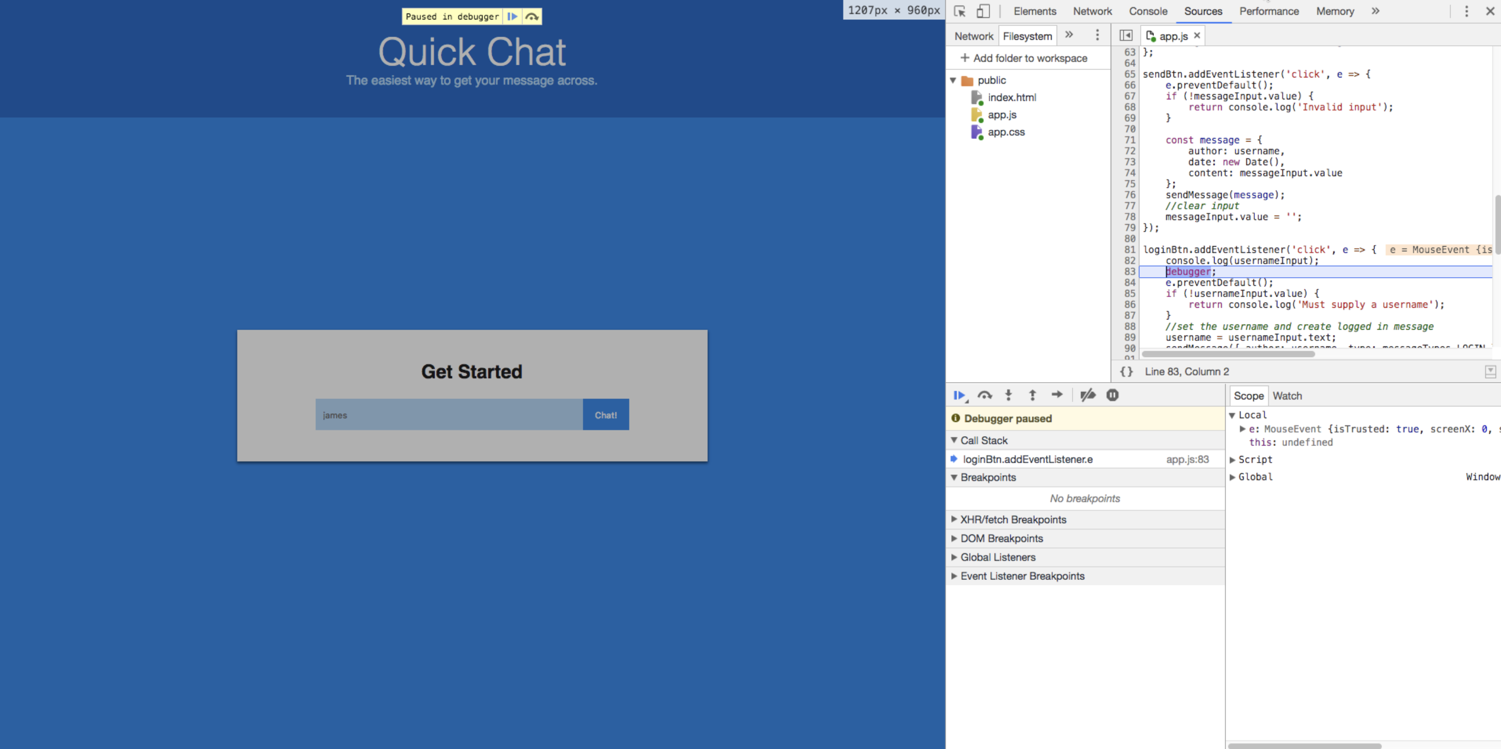 Quick Chat app paused, with debugger view in Chrome DevTools