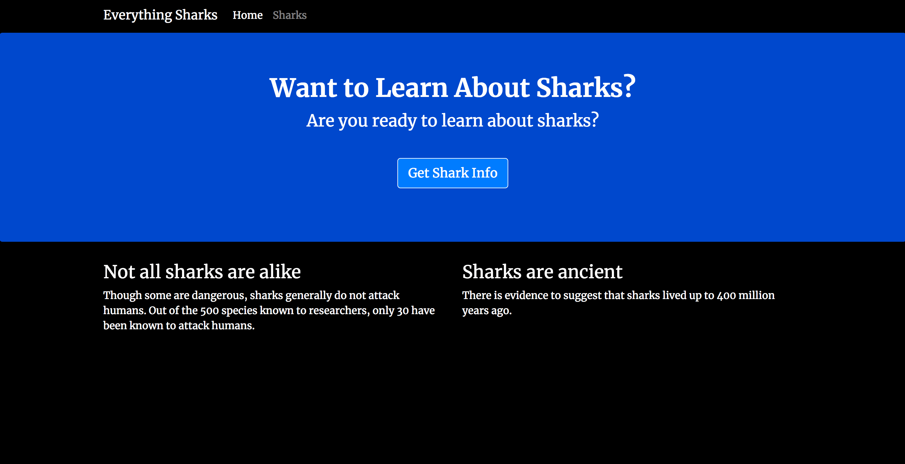 Everything Sharks应用程序登陆Page