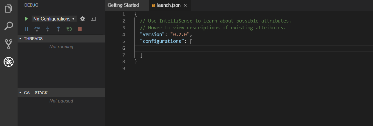Debugger View with launch.json open