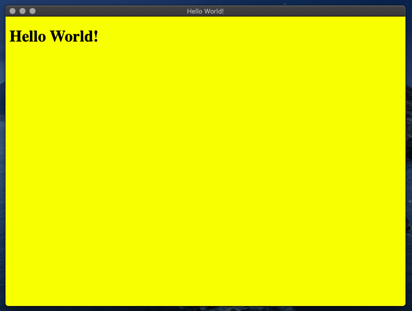 Hello world printed output window with the background color of yellow