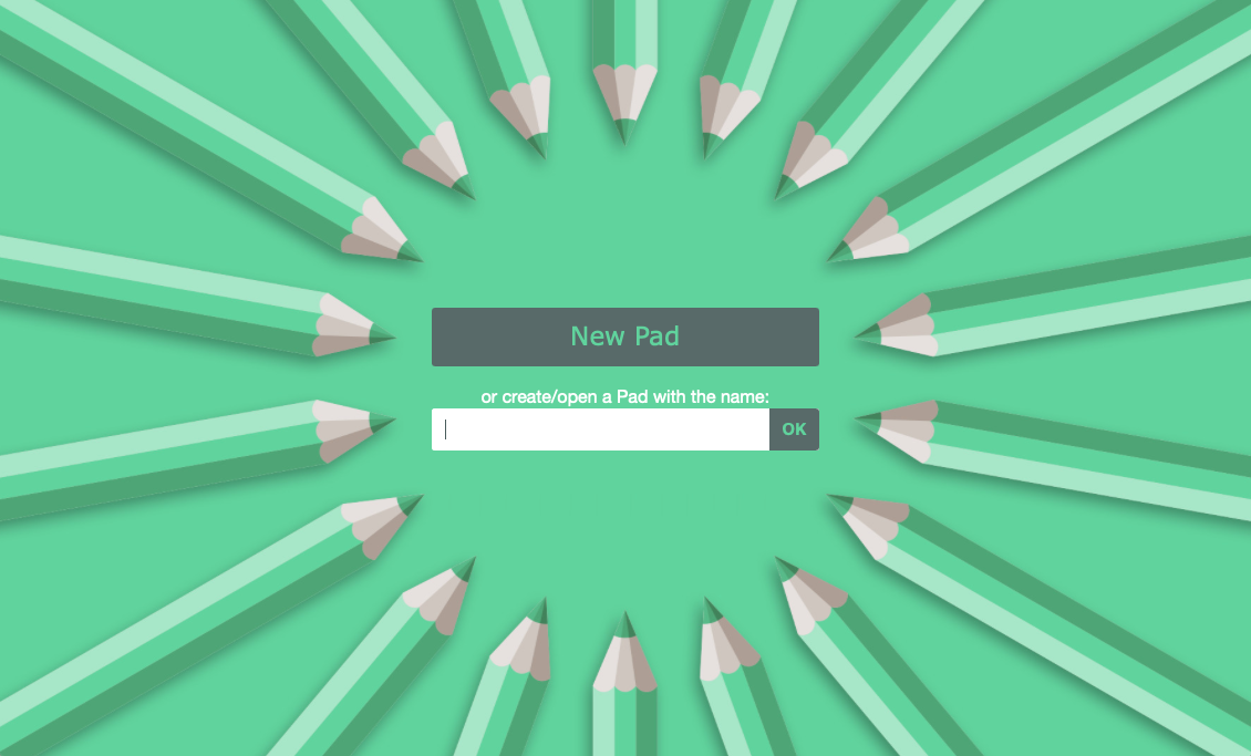 The default homepage of an Etherpad instance, with a button for "New Pad" and a text box for creating a named pad