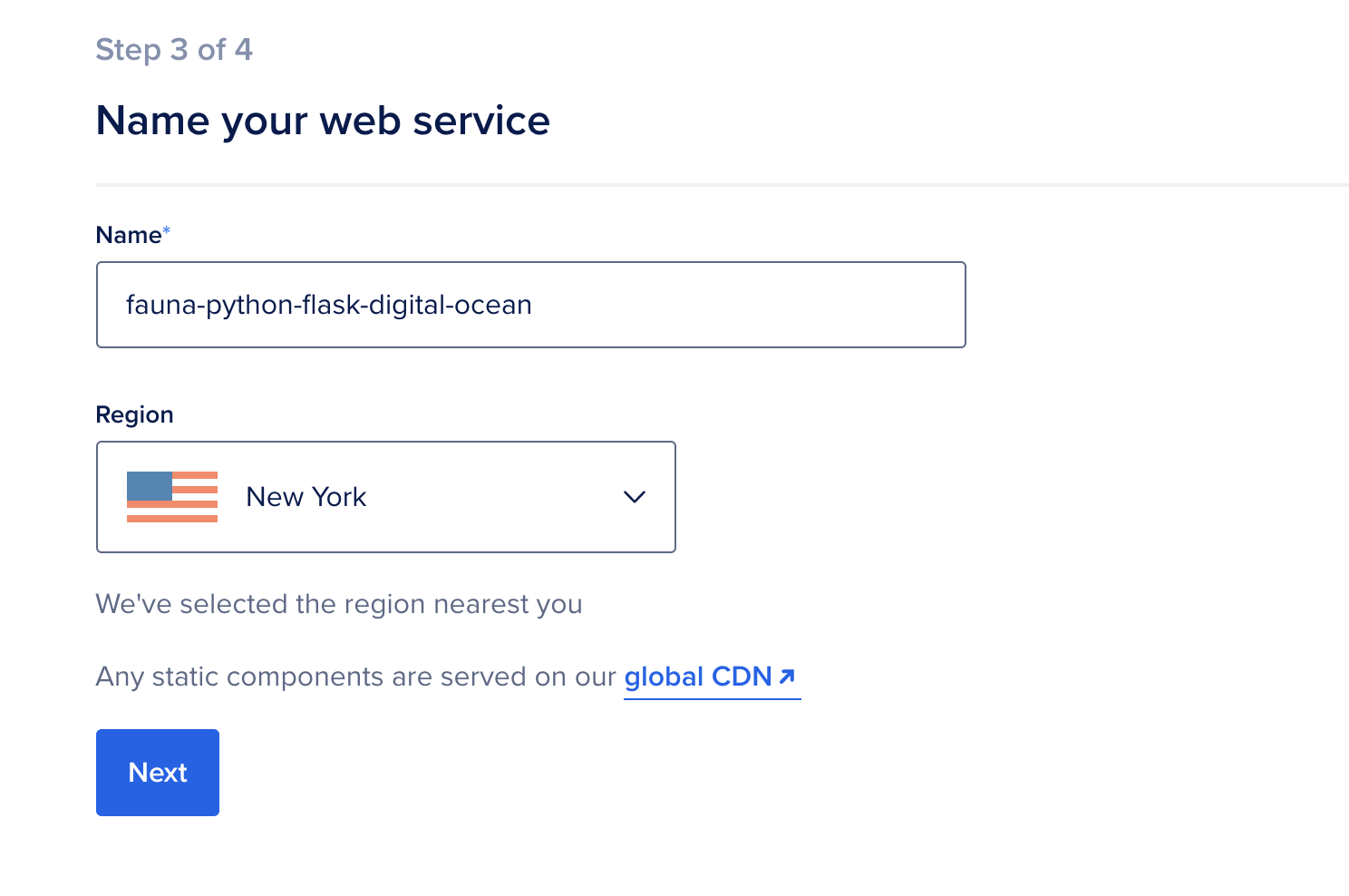 Configuring the name of the app and deploy region