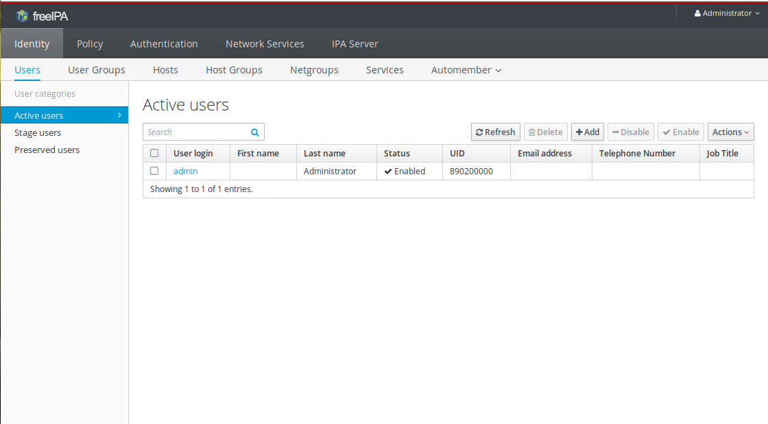 FreeIPA UI main page