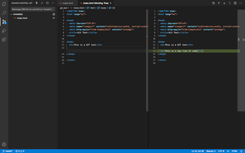 Screenshot with example of a split-screen view of a diff