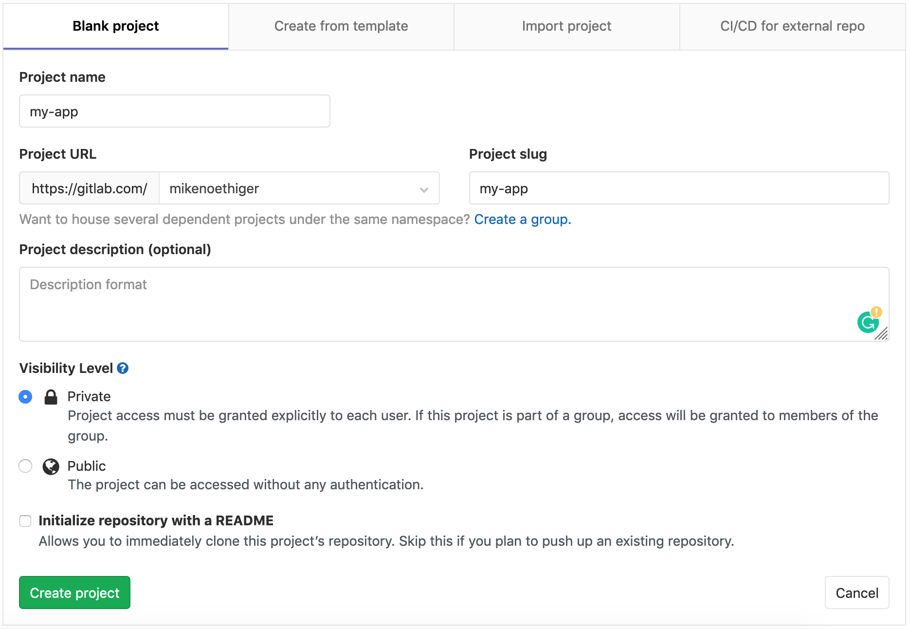The new project form in GitLab