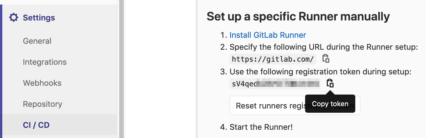 The runners section in the ci/cd settings with the copy token button