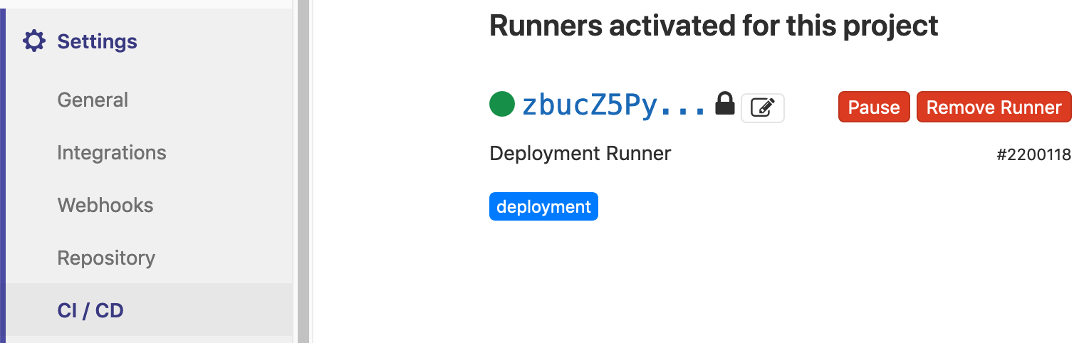 The registered runner in the runners section of the ci/cd settings