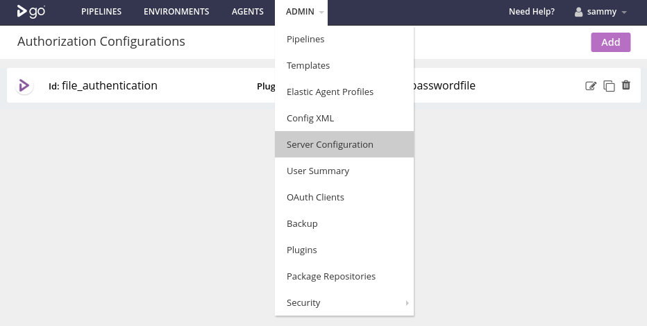 GoCD server configuration menu item