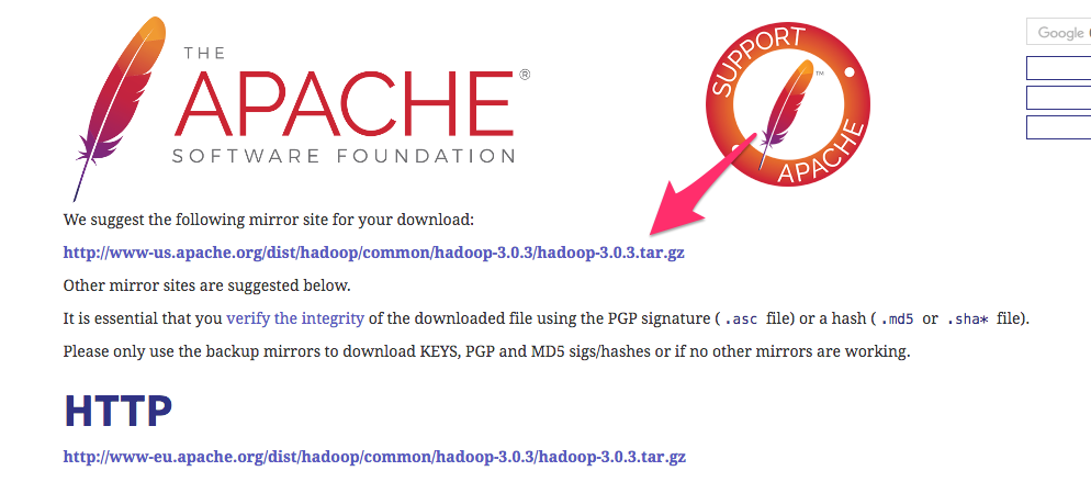 Screenshot of the Hadoop mirror page