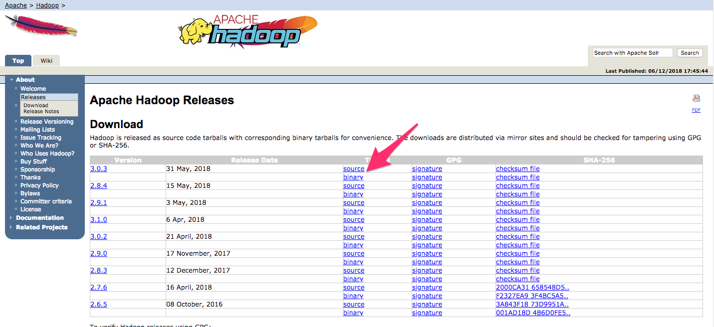 Screenshot of the Hadoop releases page highlighting the link to the latest stable binary