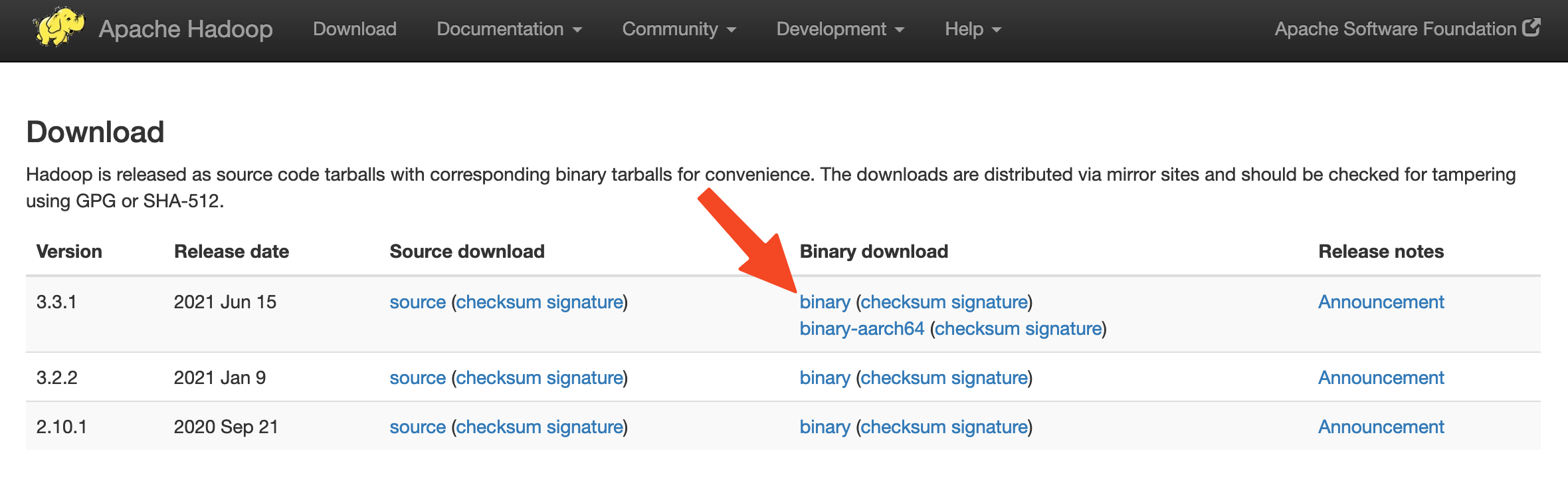 Screenshot of the Hadoop releases page highlighting the link to the latest stable binary