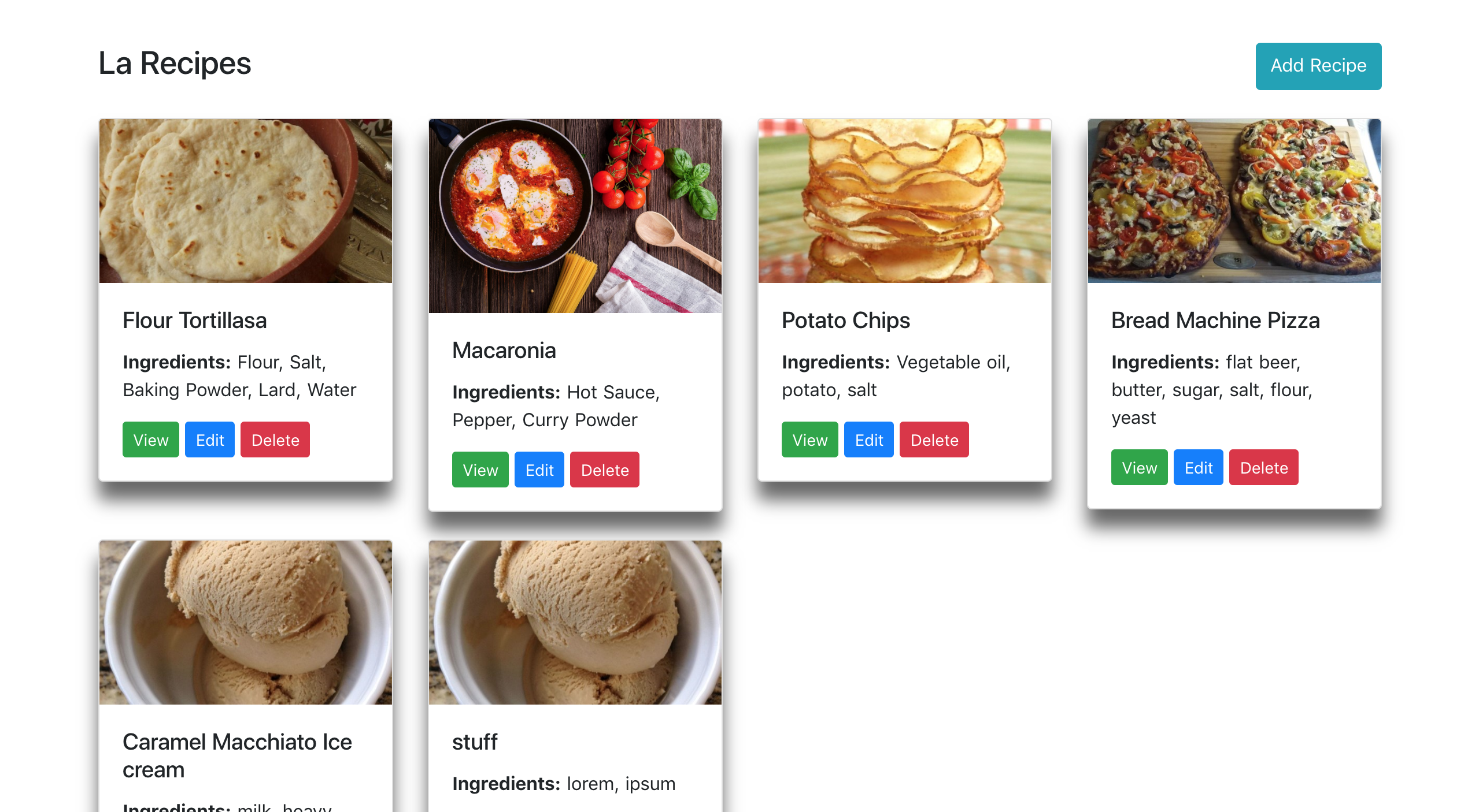 Recipes page with 6 recipe cards and the "Add Recipe" button on the right-hand side