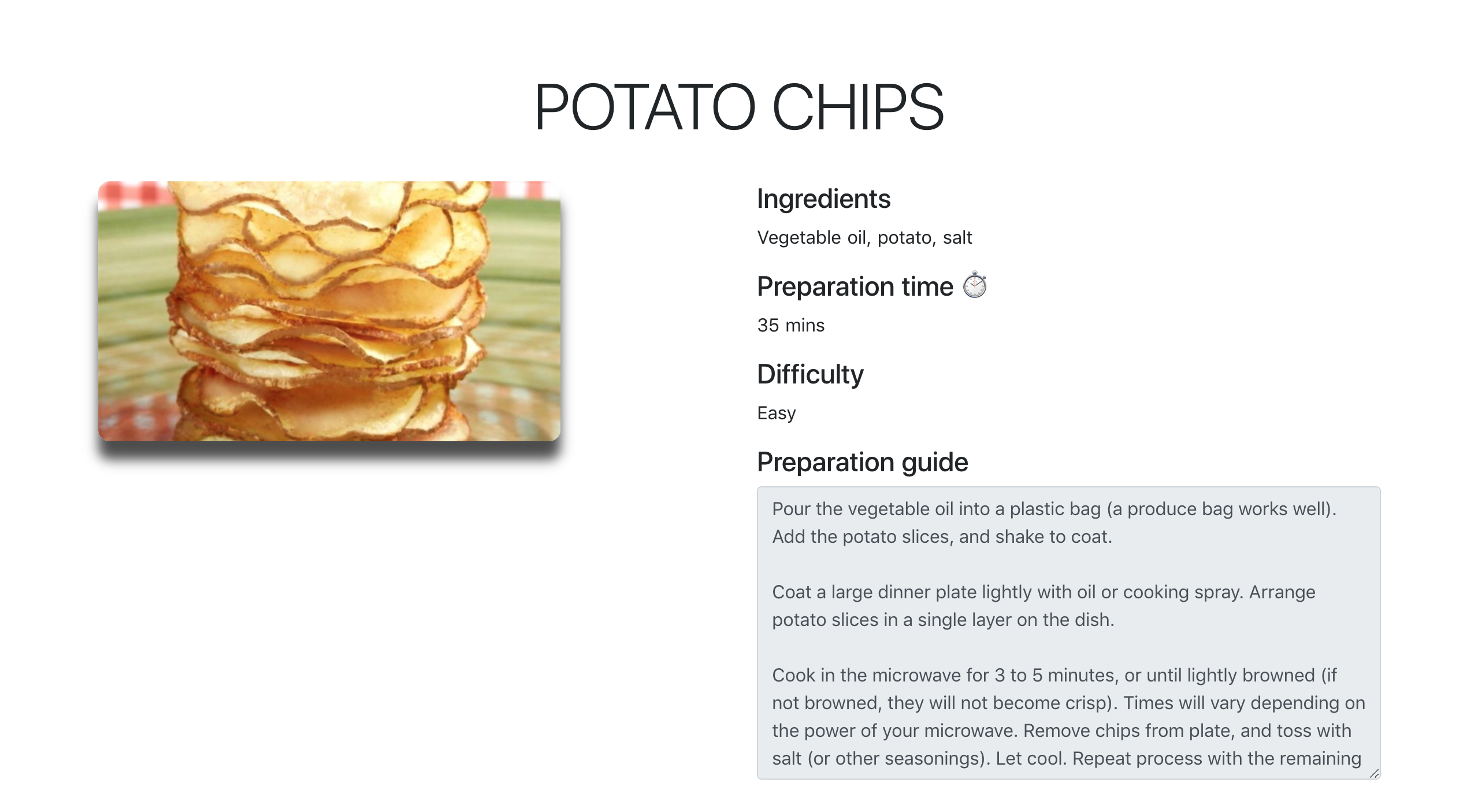 Single recipe item potato chips. With ingredients, prep time, difficulty, and prep guide