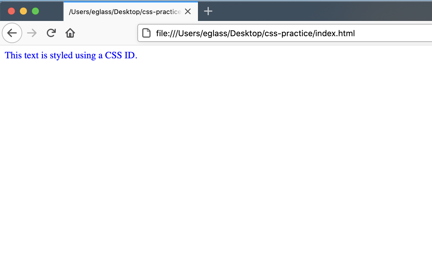 Webpage with text styled with a CSS ID