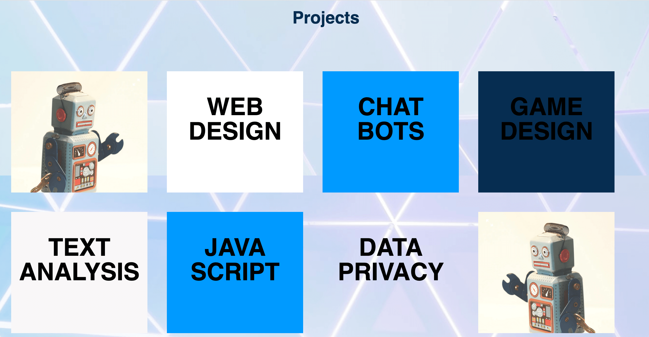 Styled project containers on webpage
