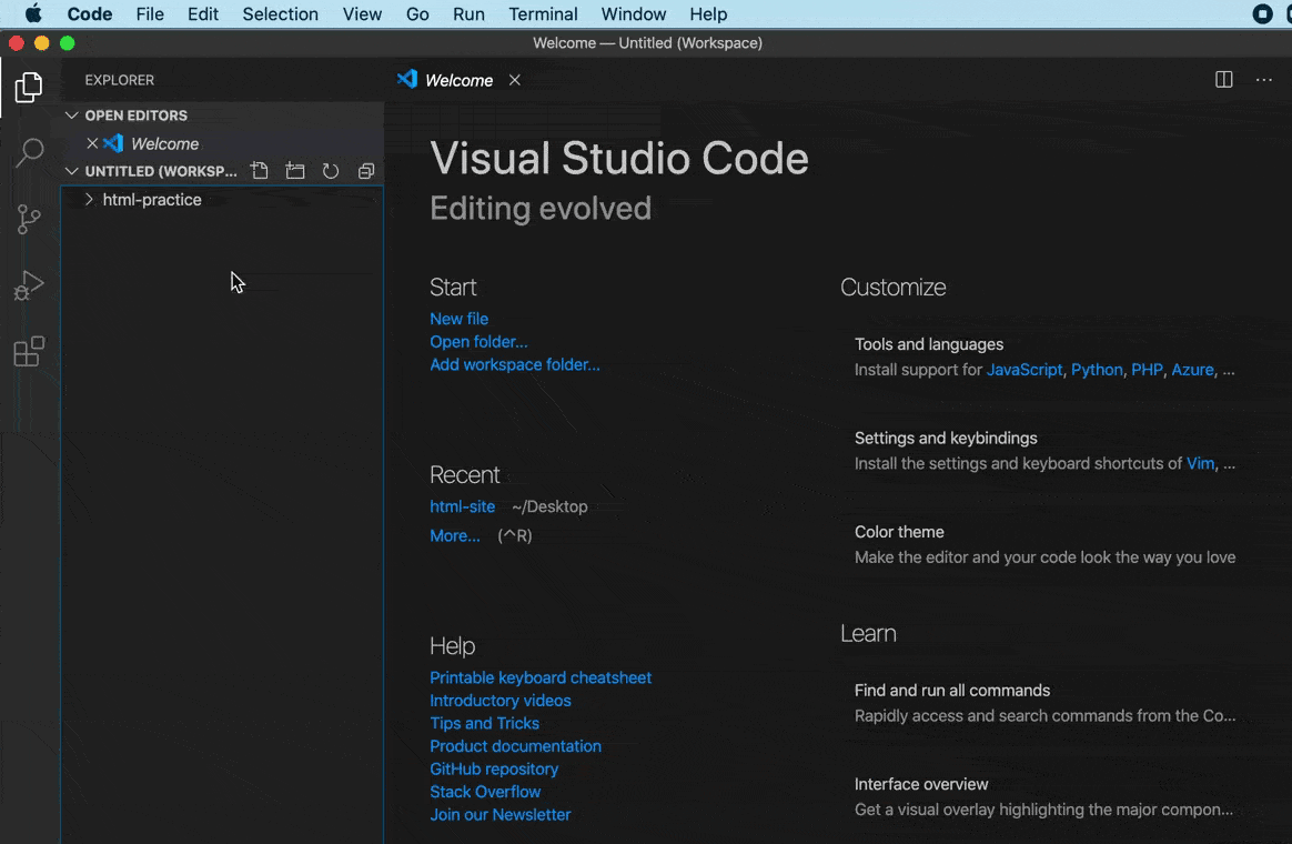 Gif of how to add a file in Visual Studio Code