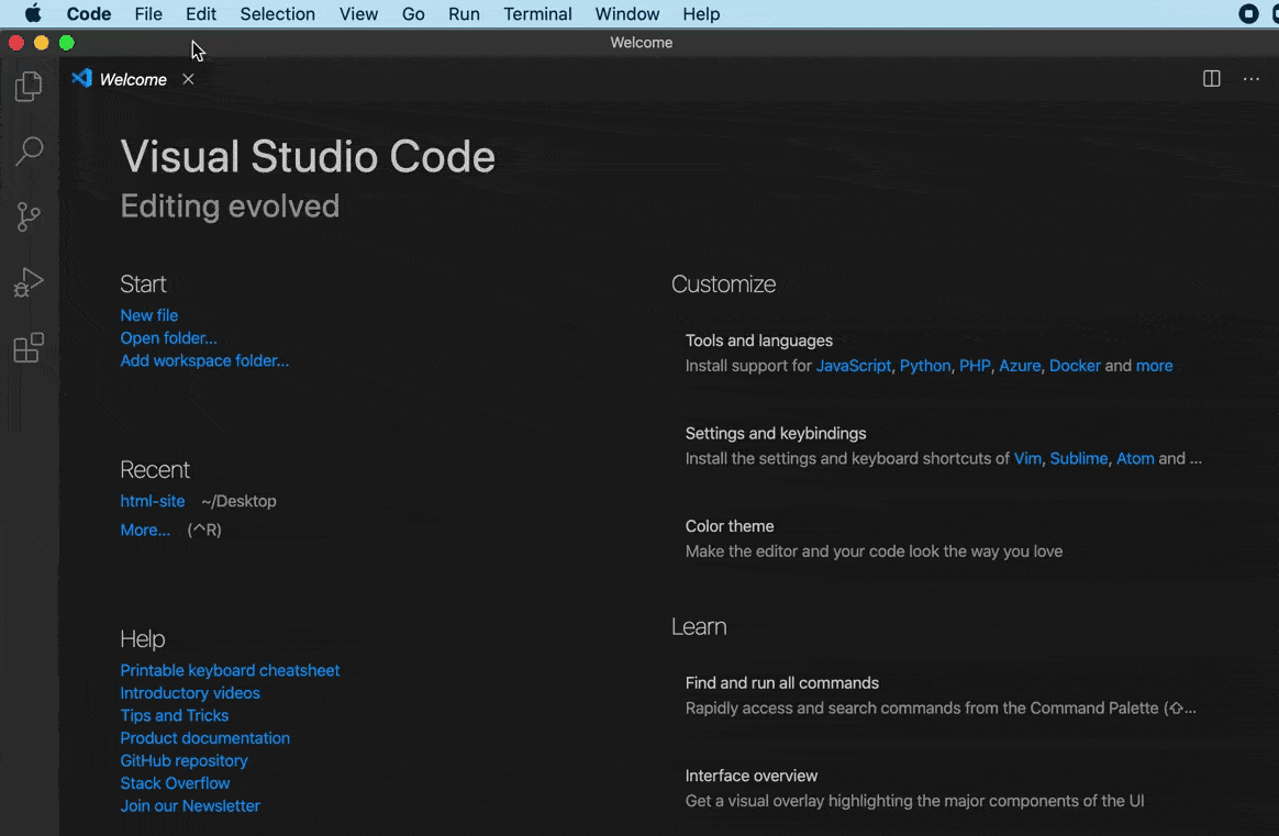 Gif of how to add a project folder in Visual Studio Code