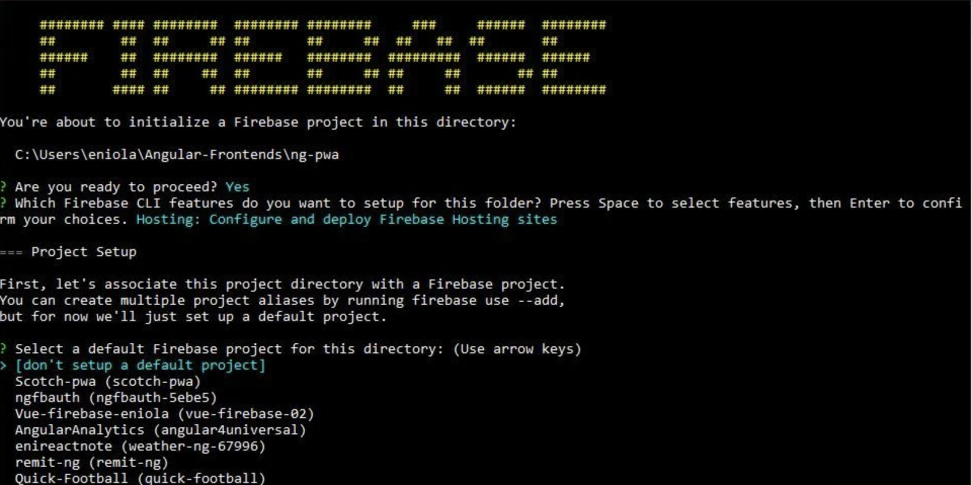 Firebase command line showing the mentioned choices