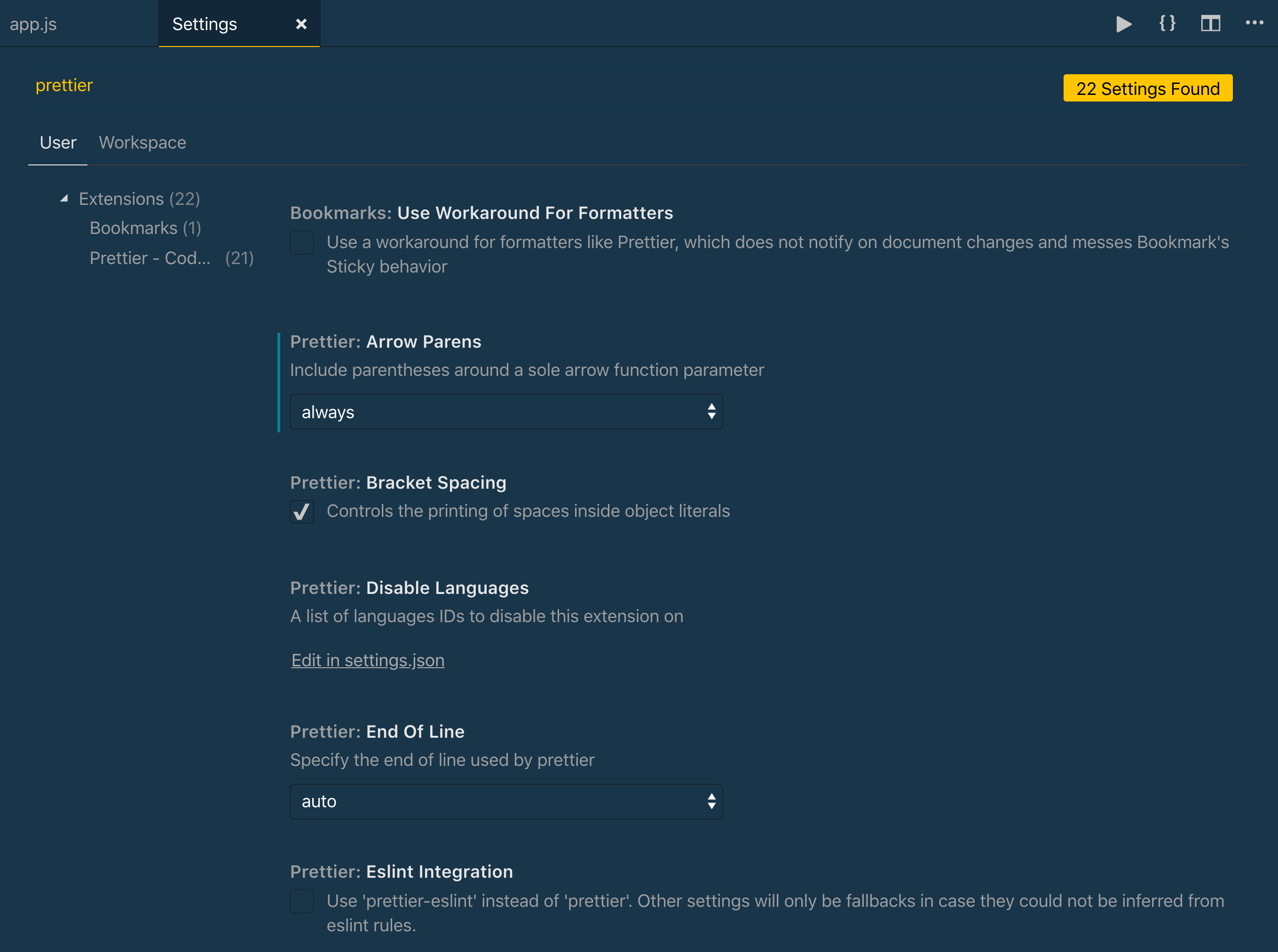 Configuration Settings for Prettier
