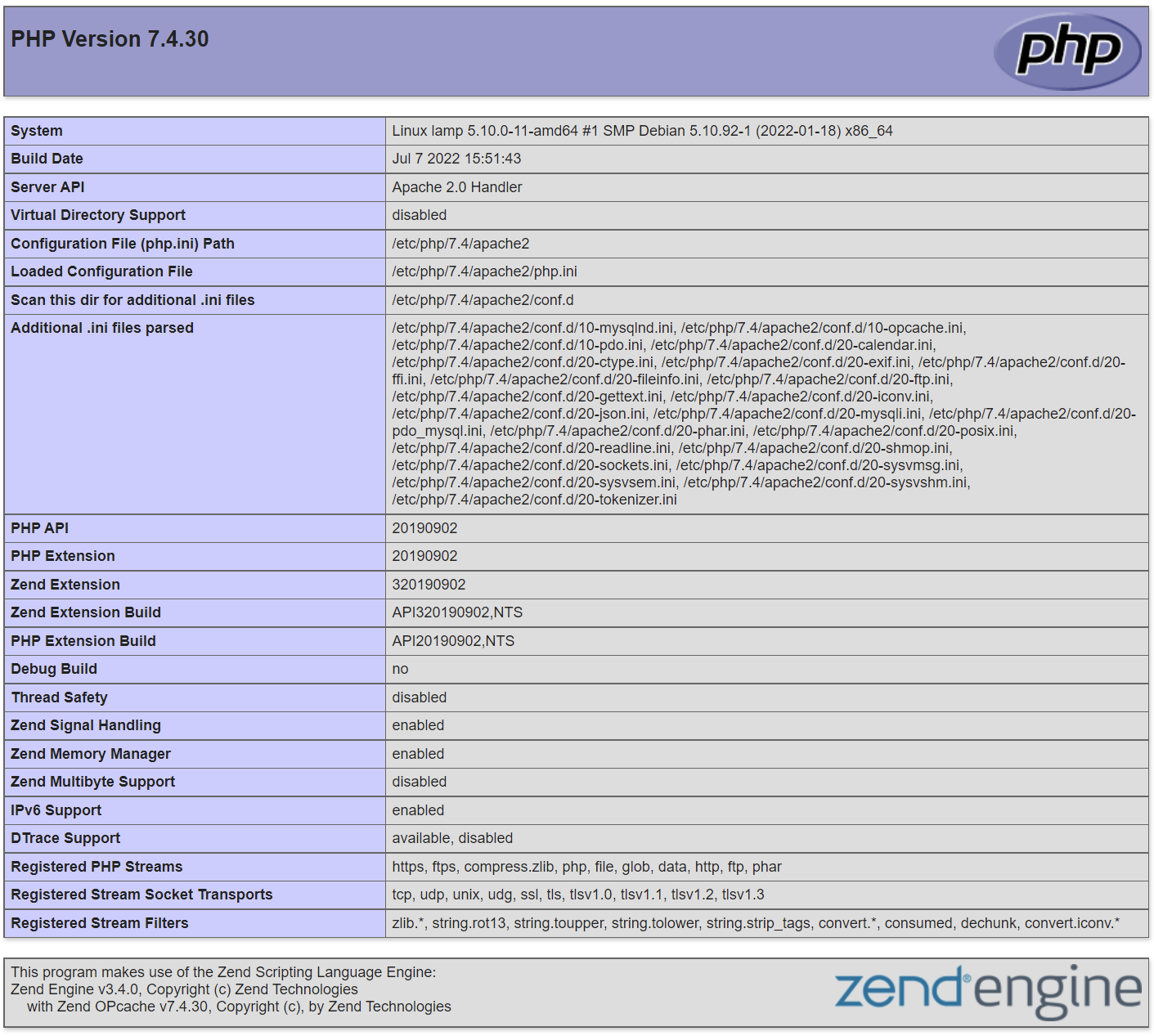 Debian 11 default PHP info