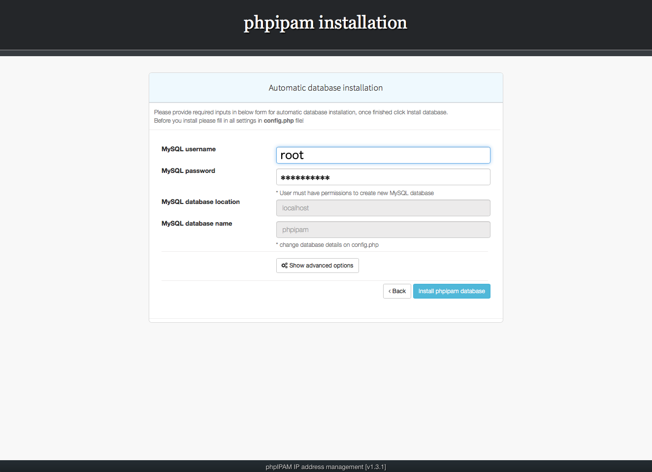 Installing phpIPAM, step 3