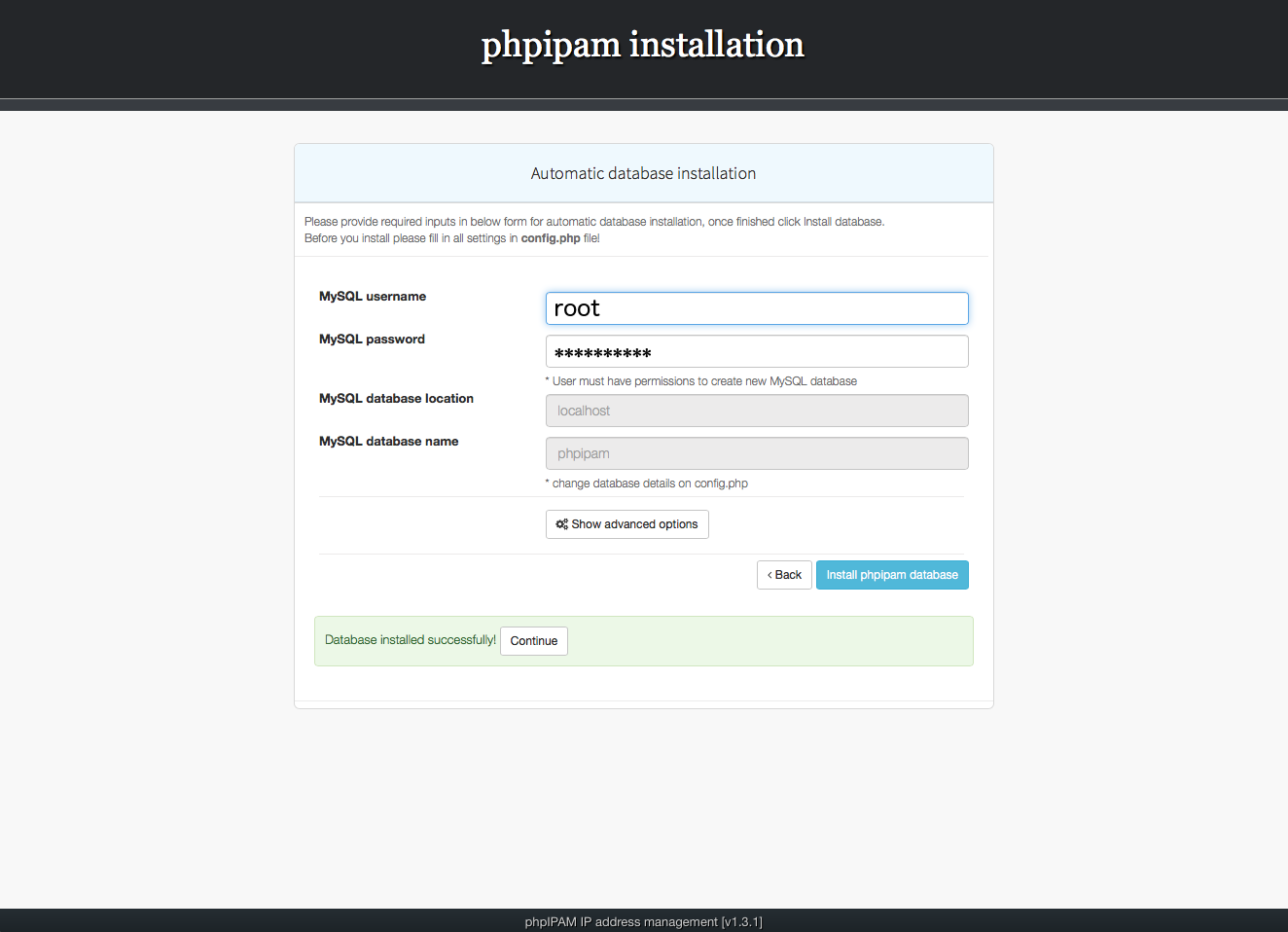 Installing phpIPAM, step 4
