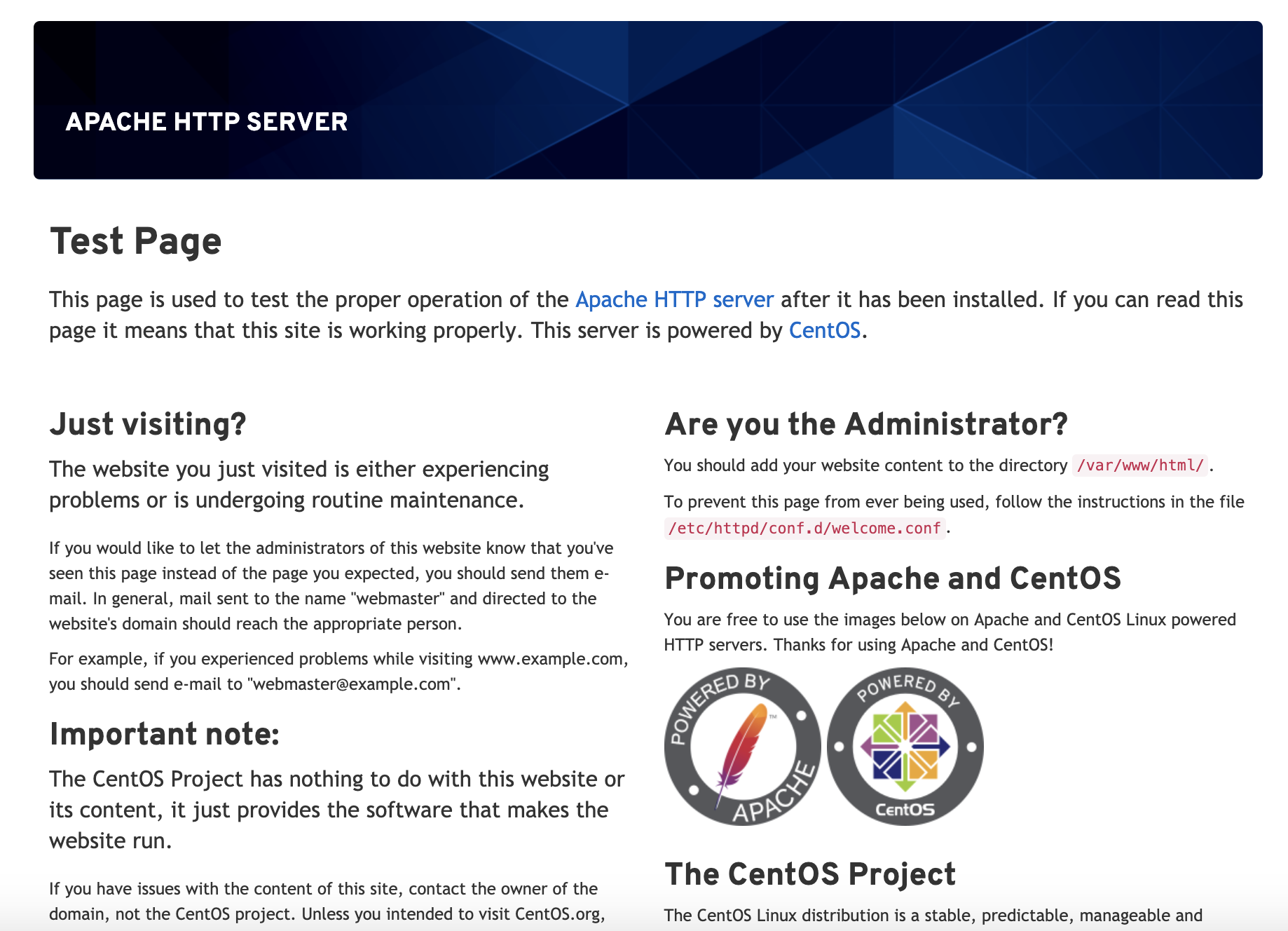 Default Apache page for CentOS 8