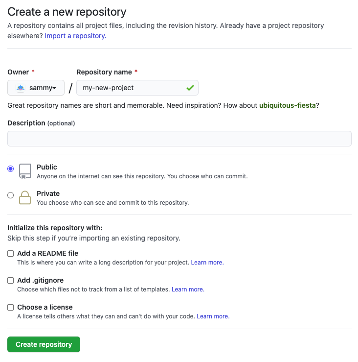 Screenshot of the user interface to create a new repository on GitHub.