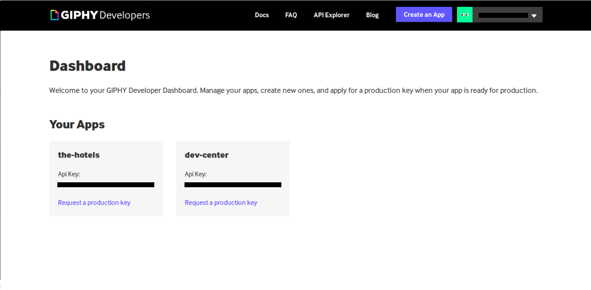 Screenshot of registered applications in Giphy developer dashboard