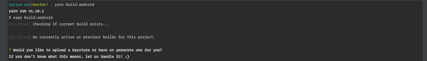 Screenshot of a terminal showing yarn build:android command and output