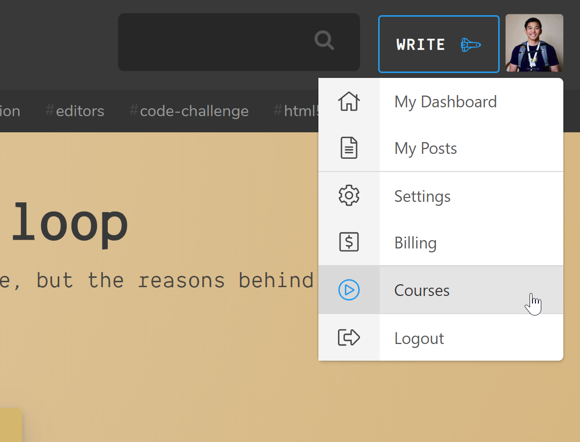 Scotch website with menu dropdown and "Courses" highlighted
