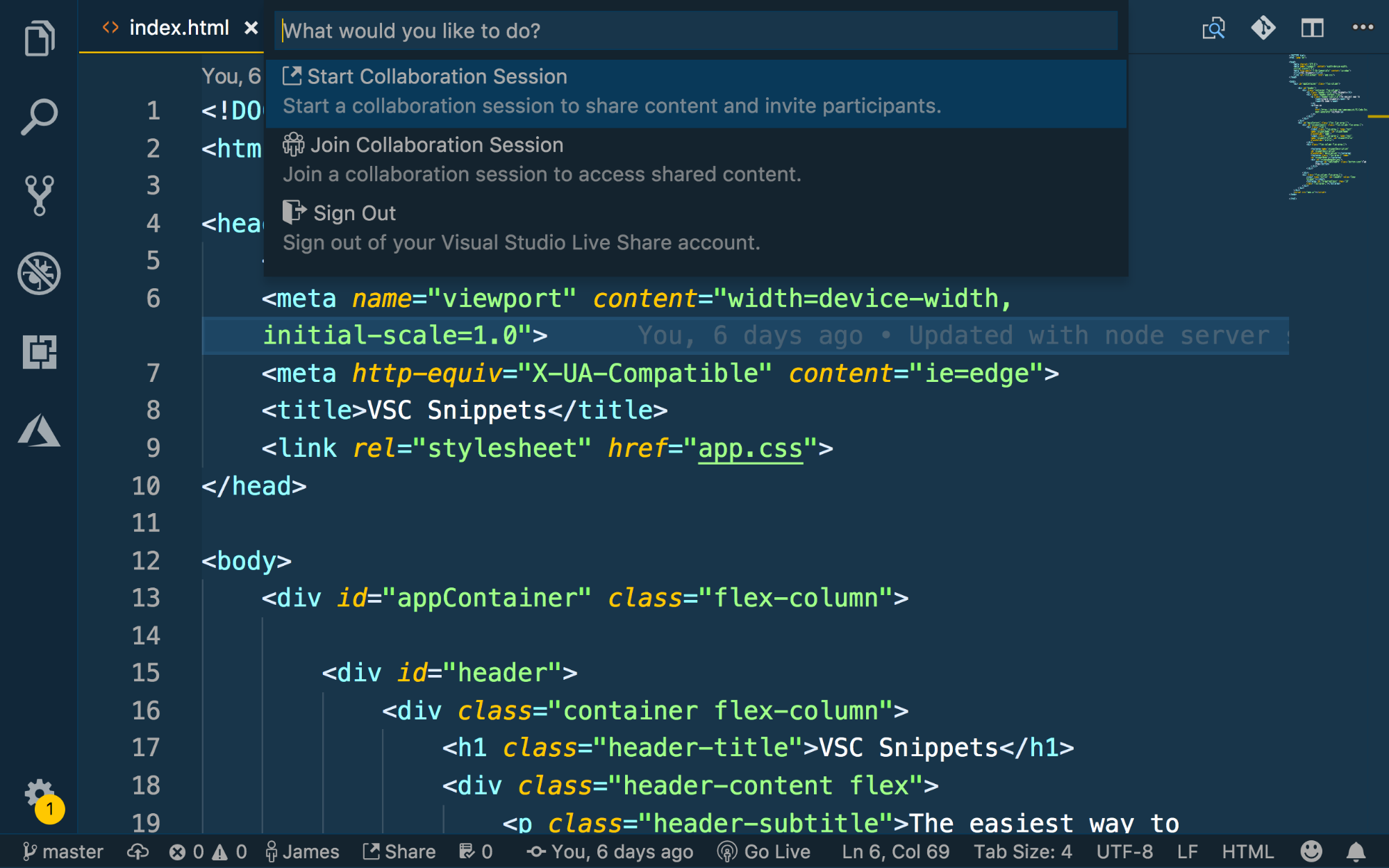 Command Pallete open with Start Collaboration Session selected